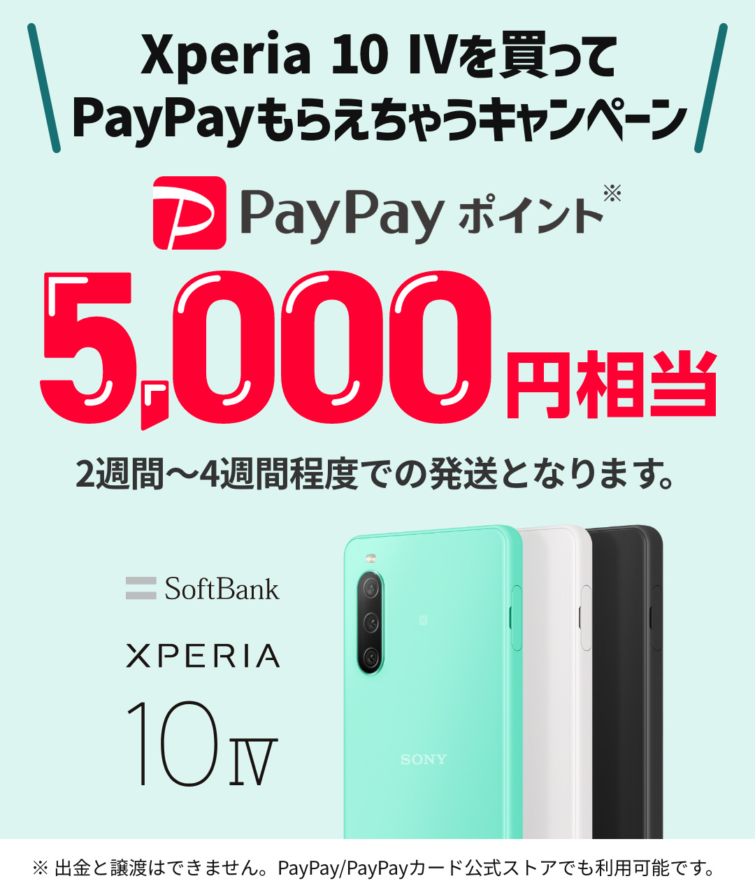 Xperia 10 IVを買ってPayPayもらえちゃうキャンペーン PayPayポイント※5,000円相当 2週間～4週間程度での発送となります。 ※出金と譲渡はできません。PayPay/PayPayカード公式ストアでも利用可能です。