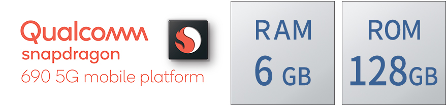 Qualcomm® Snapdragon™690 5G Mobile Platform、RAM 6GB/ROM 128GB